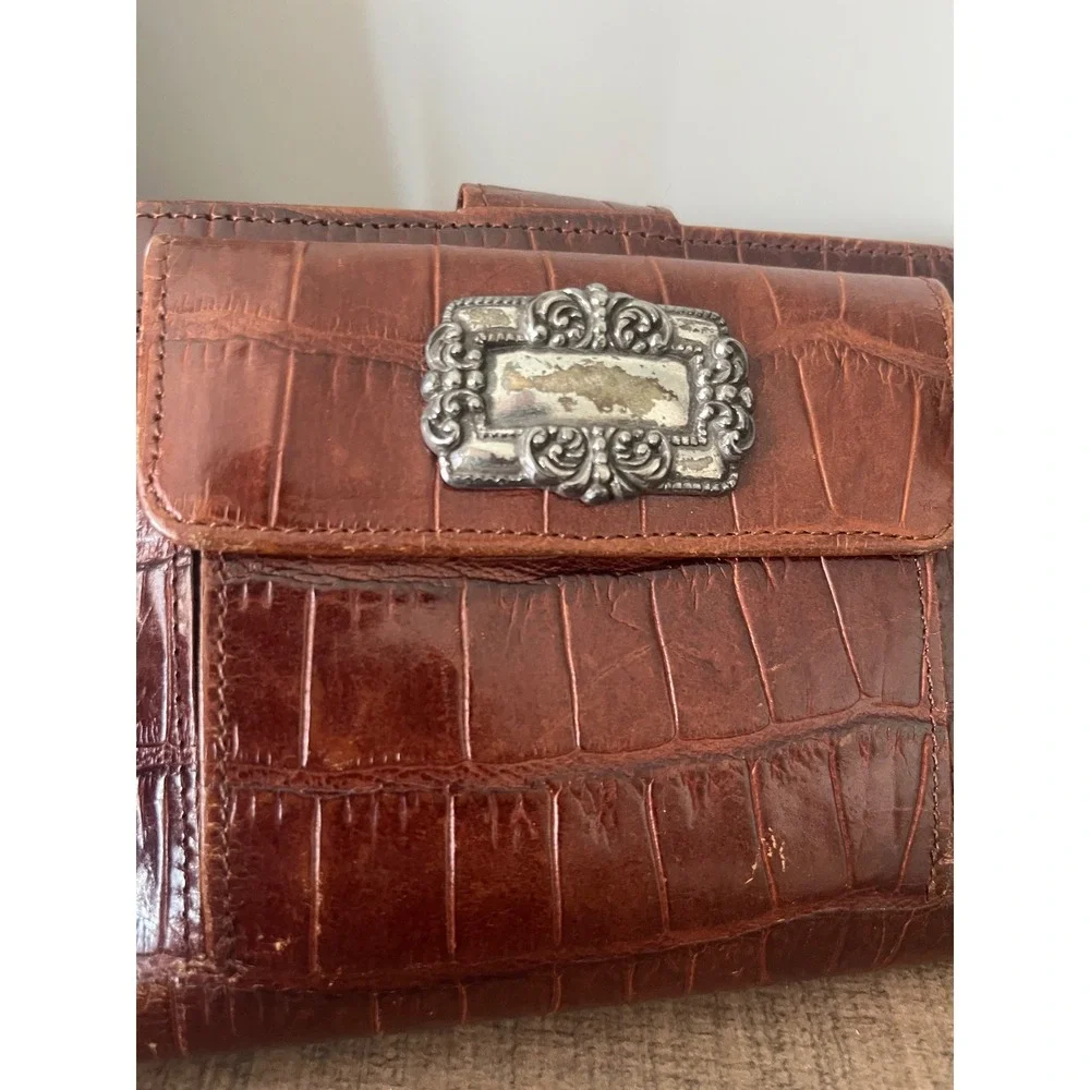 Brighton Cognac Brown Croc Embossed Leather Bifold Wallet Silver Hardware VTG